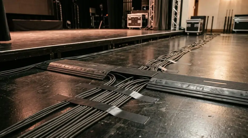Cable ramps and taped audio cables on a venue floor