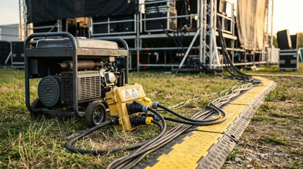 Generator and weatherproof power connections behind an outdoor stage