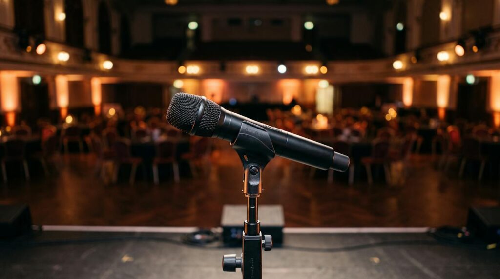 Handheld wireless microphone on a stand in a ballroom