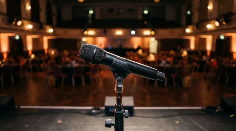 Handheld wireless microphone on a stand in a ballroom