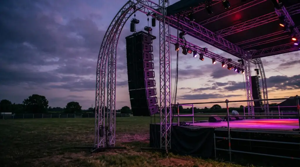 Line array speakers hanging over an outdoor festival stage