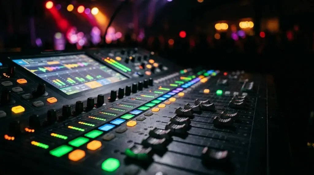 Digital mixing console faders up close