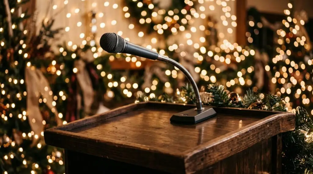 Gooseneck podium microphone with holiday lights behind it