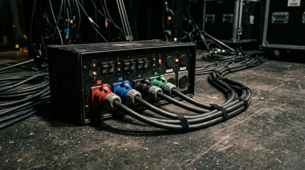 Power distribution box with cam-lock cables