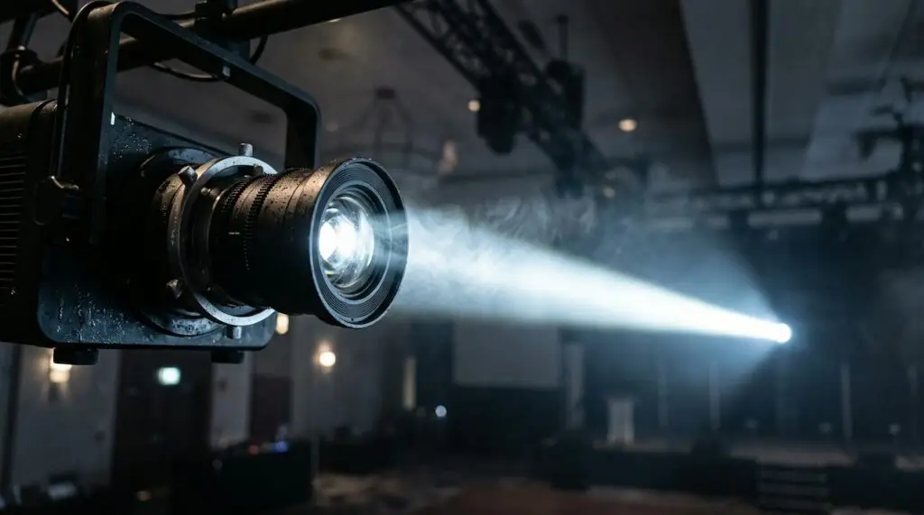 Event projector beam through haze in a ballroom