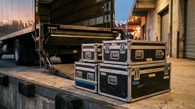 Black AV road cases stacked on a loading dock