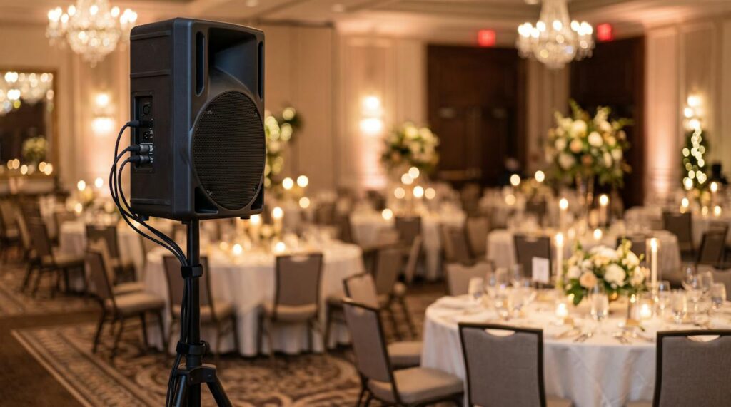 Loudspeaker on a stand in a ballroom set for a gala