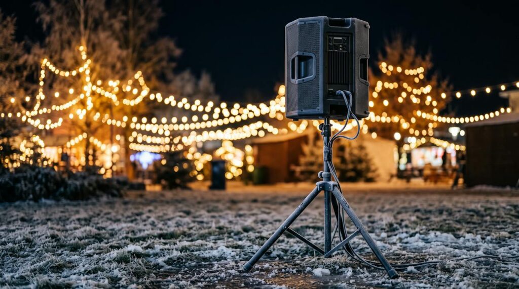 PA speaker on a stand outdoors on a frosty night