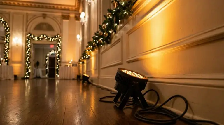 LED uplight washing a wall with holiday garland