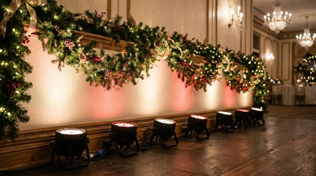 Row of LED uplights along a ballroom wall with garland