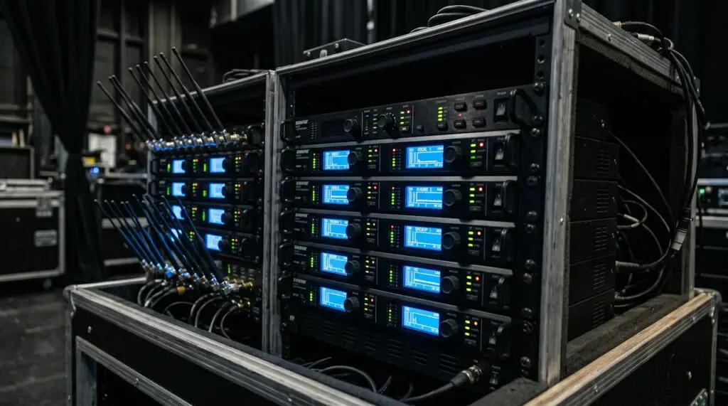 Wireless microphone receivers in a production rack